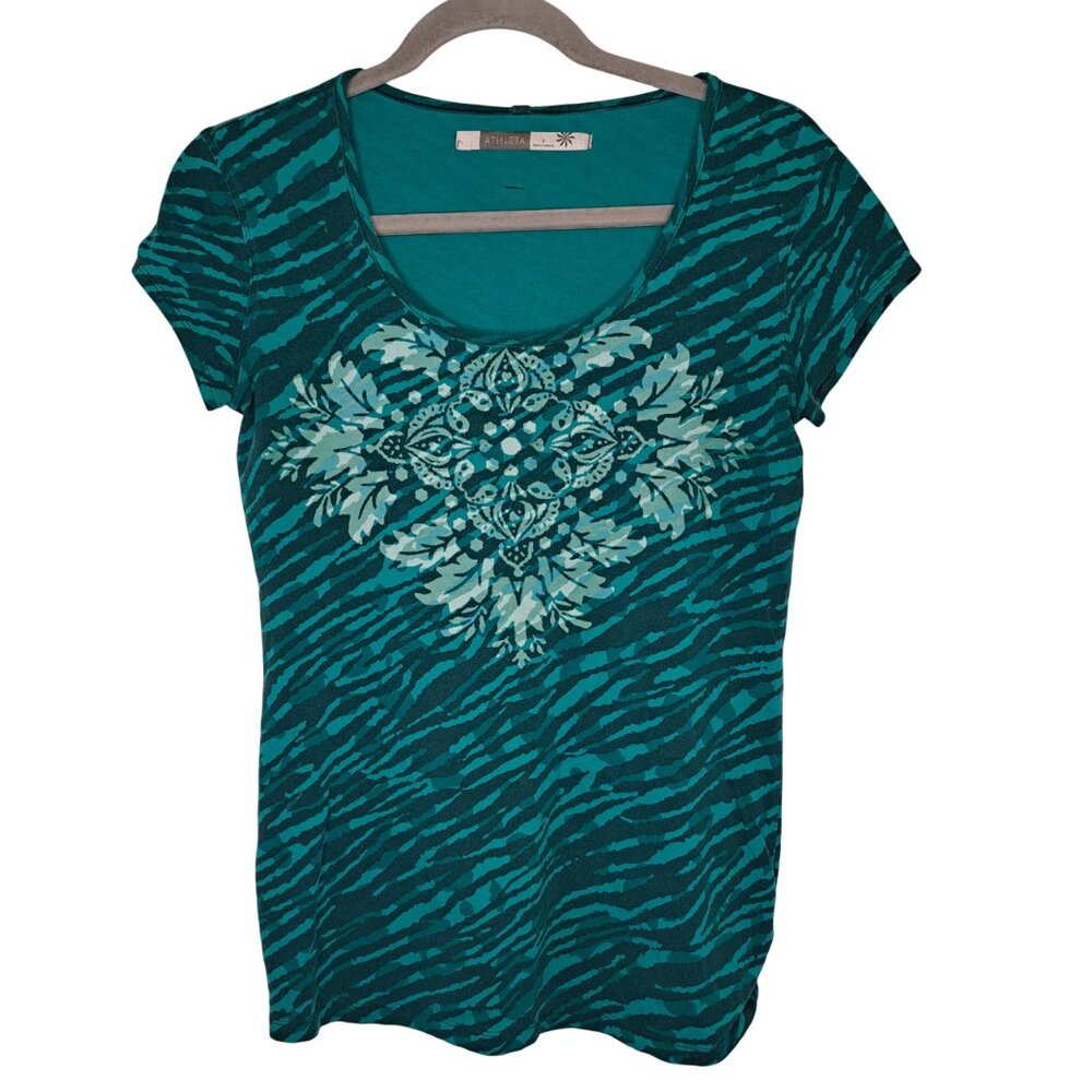 Athleta Green Animal Print Graphic Scoop Neck Top Size Small